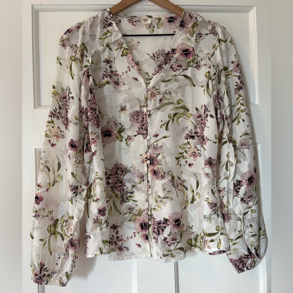Autres Filles Sheer Floral Button Up Balloon Sleeve Top Cottagecore Coquette M